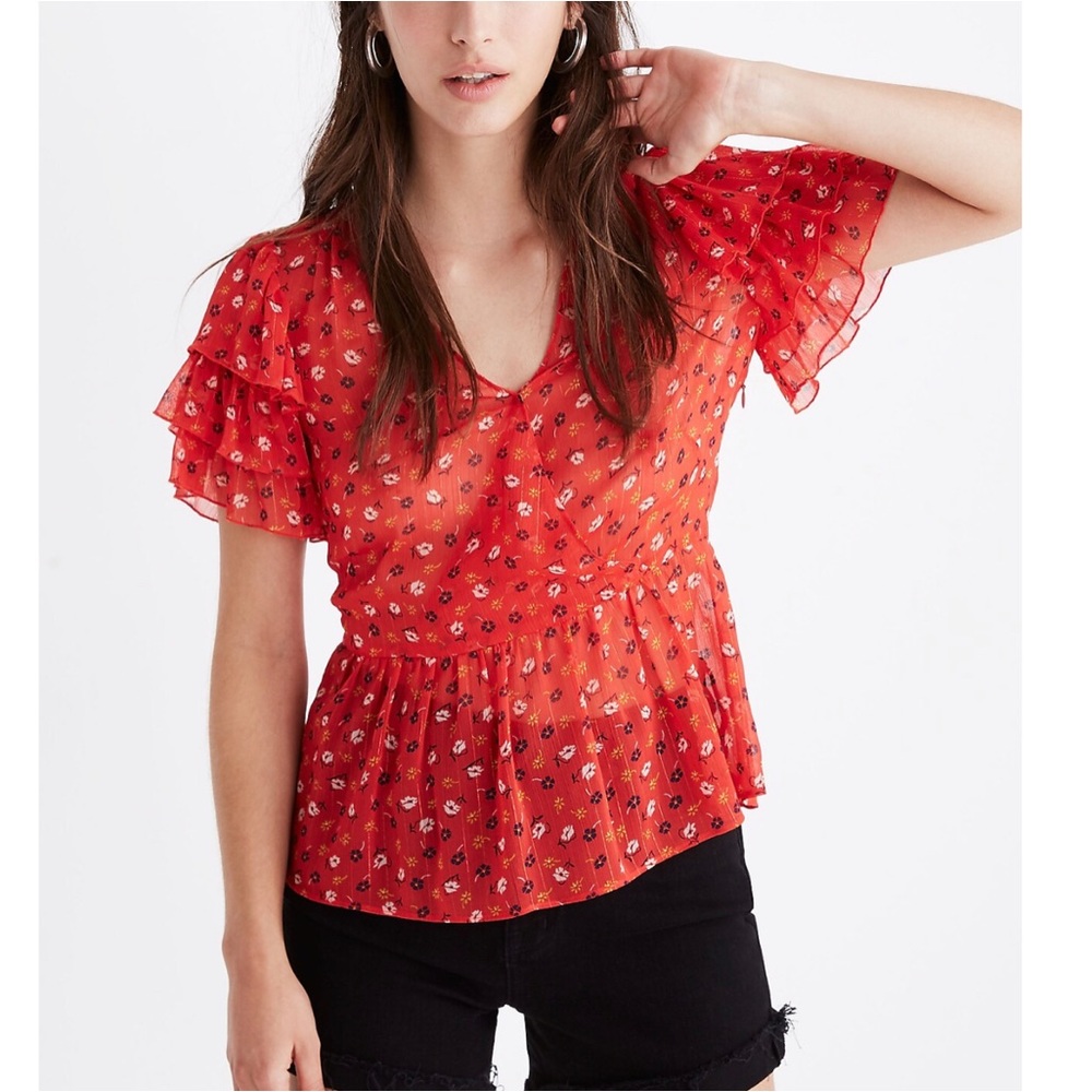 Madewell Top Size Small Tiered Ruffle Sleeve Red Peplum Floral Surplice Shiny